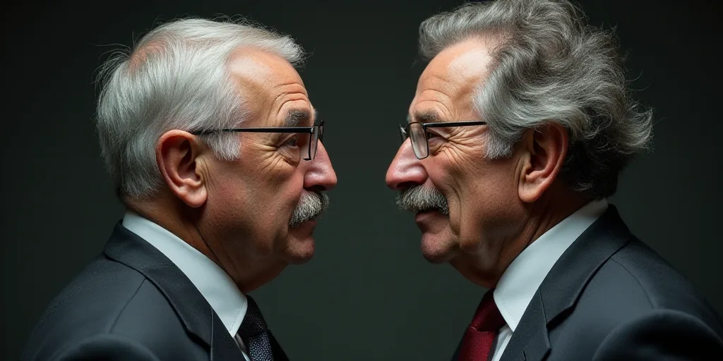 two men with gray hair and mustaches are facing each other and one is wearing a suit and tie, Ada Gl