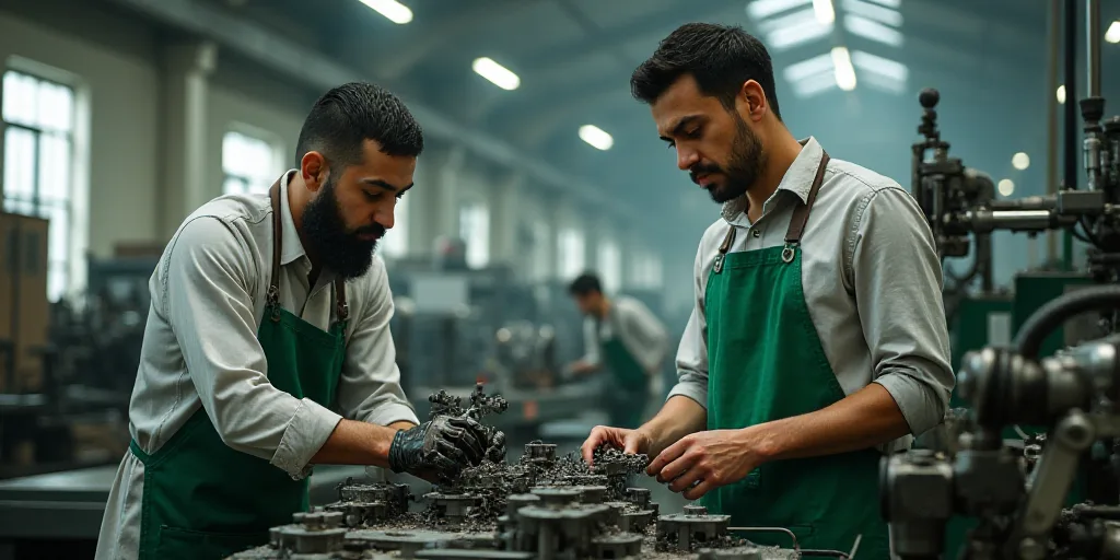 two men working on a machine in a factory with lots of machinery in the background and a man in a gr