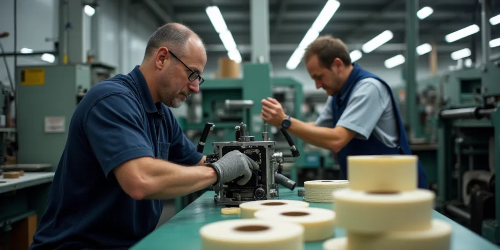 two men working on a machine in a factory with other machines in the background and a table with sev