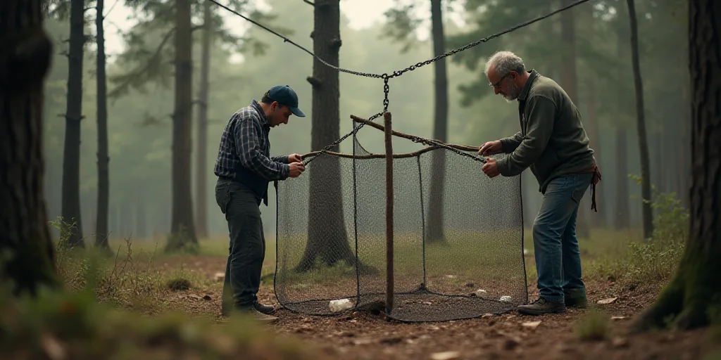 two men working on a structure in the woods with ropes and chains on the sides of the structure, and