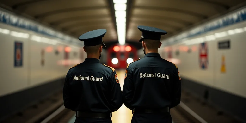 two military officers standing in a subway station looking at a train coming in the tunnel behind th