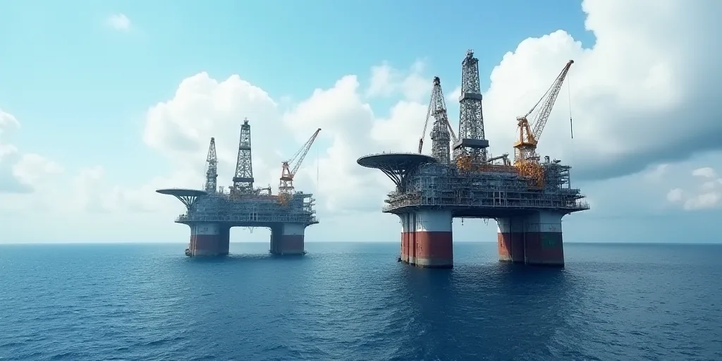 two oil rigs in the middle of the ocean with a sky background and clouds in the background,, Almada