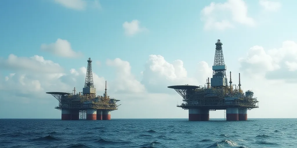 two oil rigs in the middle of the ocean with a sky background and clouds in the background,, Constan
