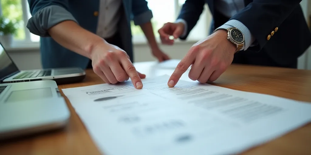 two people pointing at a piece of paper on a desk with a laptop and a watch on it, and a man pointin