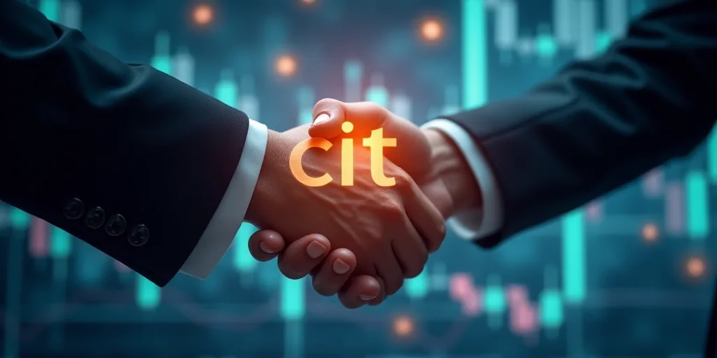 two people shaking hands over a graphic of a stock market graph and a cit logo over the image, Carlo