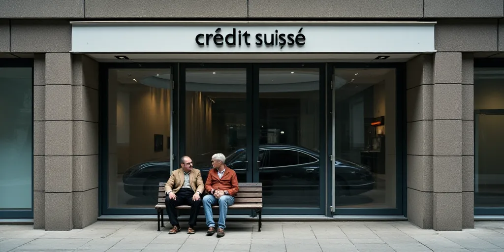 two people sitting on a bench outside of a building with a sign above it that says credit suisse, Ce