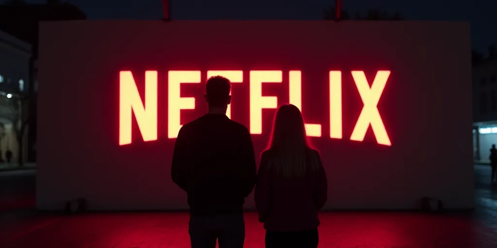two people standing in front of a netflix sign at night time with the netflix logo on the wall behin