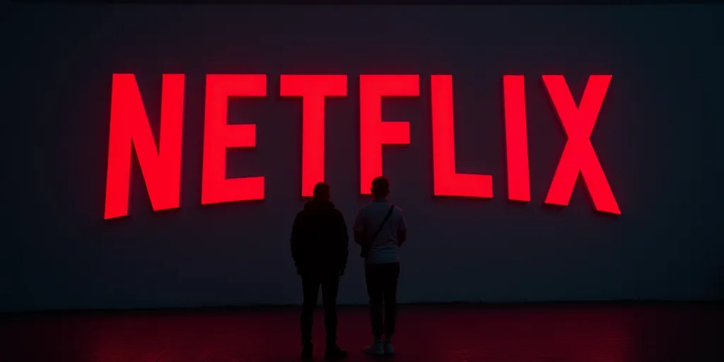 two people standing in front of a netflix sign at night time with the netflix logo on the wall behin