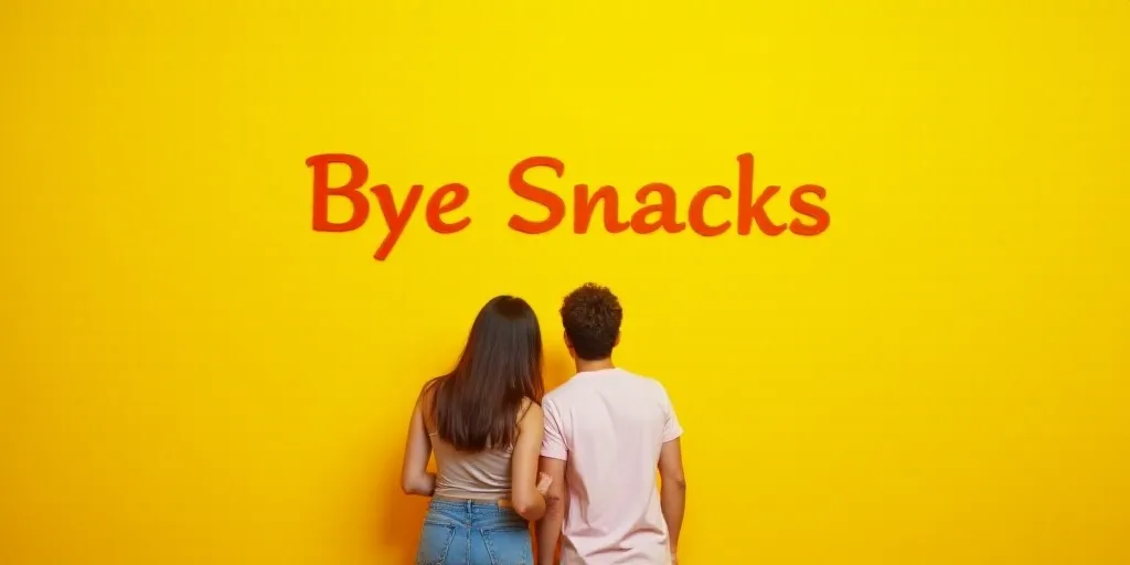 two people standing next to each other in front of a yellow background with the words bye snacks on