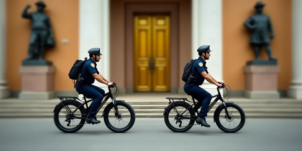two police officers riding bikes in front of a building with a gold door and a statue on the side of