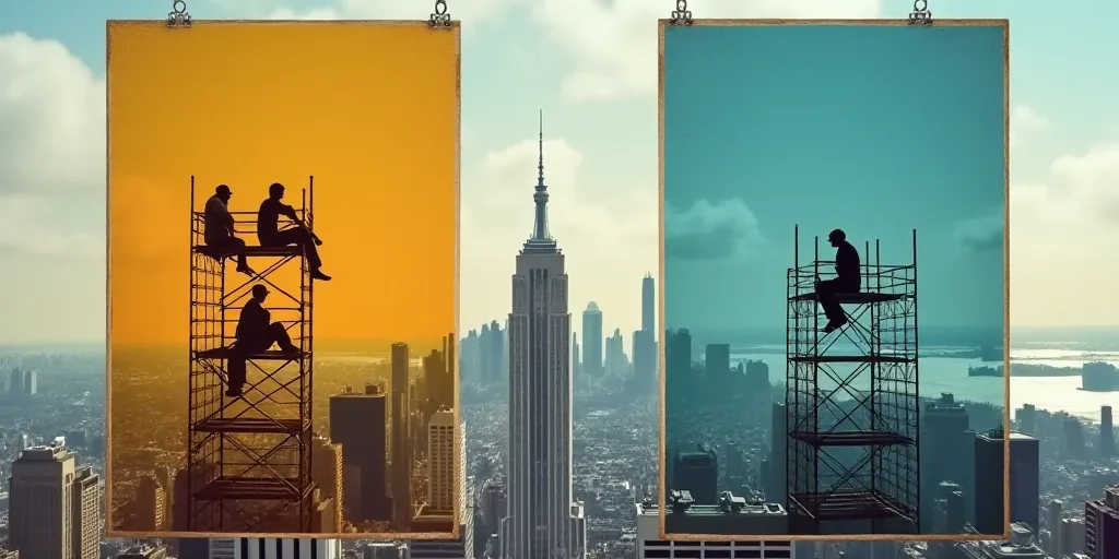 two posters of people sitting on scaffolding and a man standing on a scaffolding machine in front of