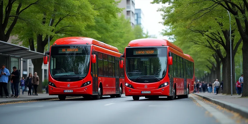 two red buses are parked at a bus stop in a city area with trees and people walking on the sidewalk,