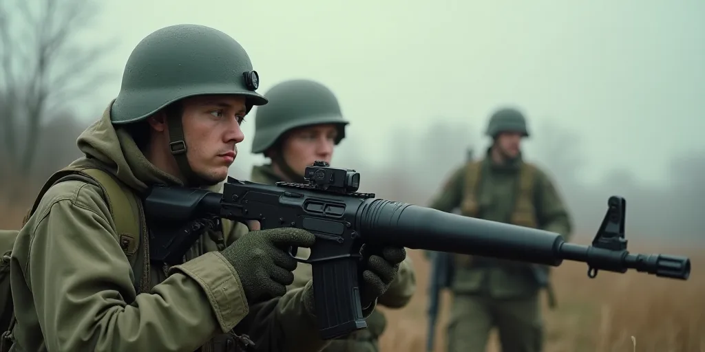 two soldiers with a machine gun and a camera in their hands, looking at something in the distance, w