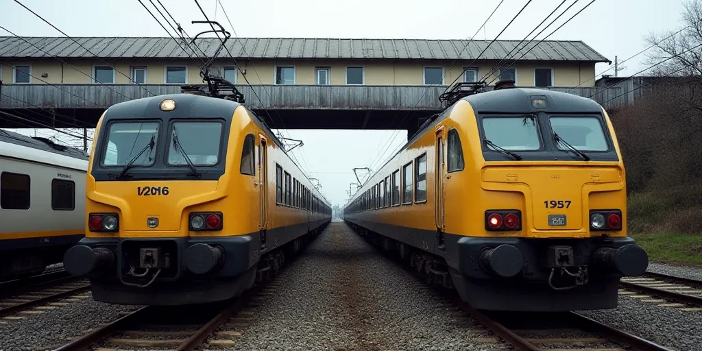two trains are sitting side by side on the tracks under a bridge and a building with a roof over it,