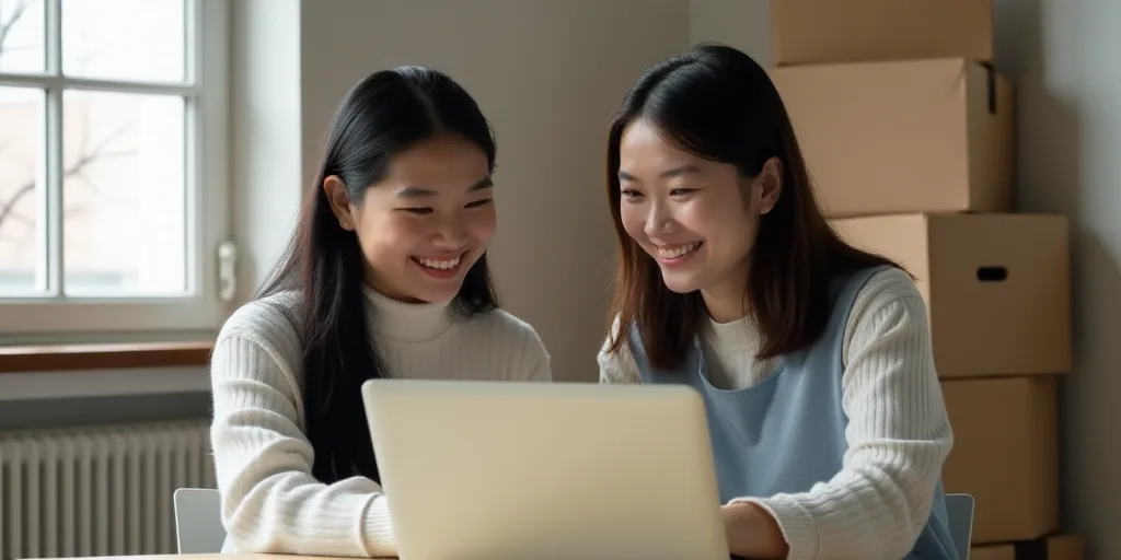 two women are smiling while looking at a laptop computer together in a room with boxes on the wall a