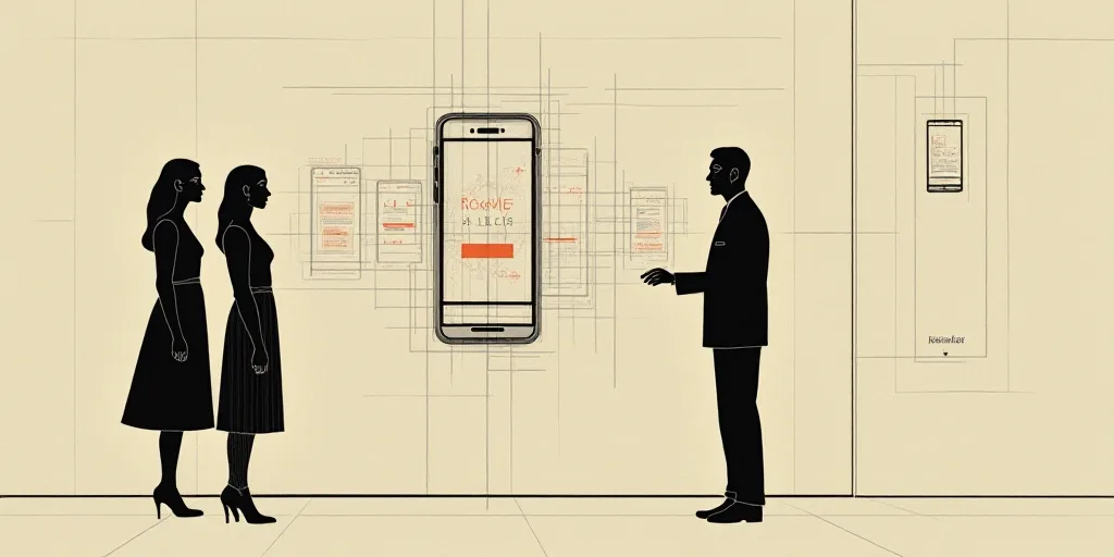 two women are standing in front of a wall with a cell phone in it and a man is looking at it, El Lis