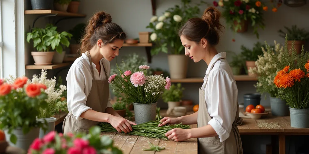 two women are working in a flower shop together, one is cutting flowers and the other is arranging f