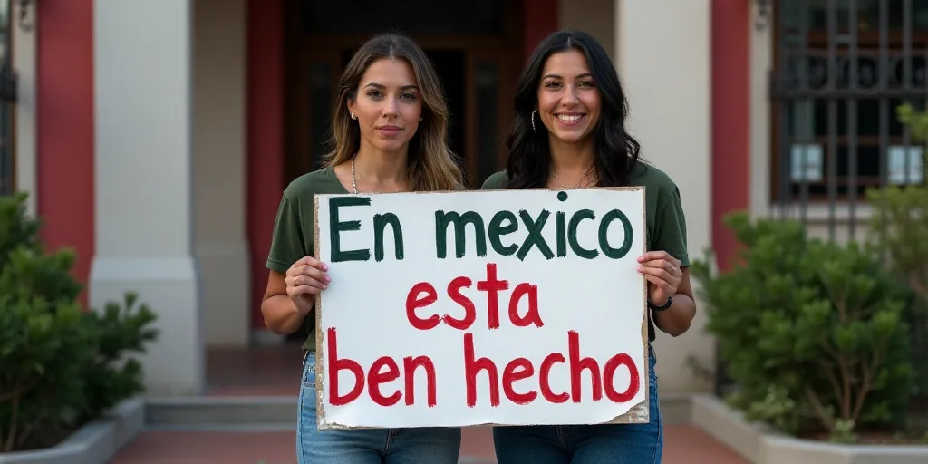 two women holding a sign in front of a building with a sign that says en mexico esta ben hecho, Arac