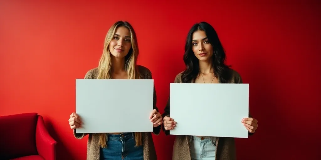 two women holding up signs in front of a red wall with a red chair behind them and a red wall behind