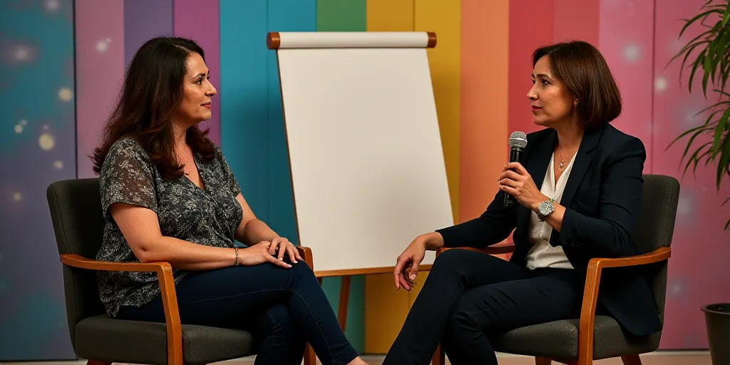 two women sitting in chairs talking to each other in front of a microphone and a sign with a colorfu