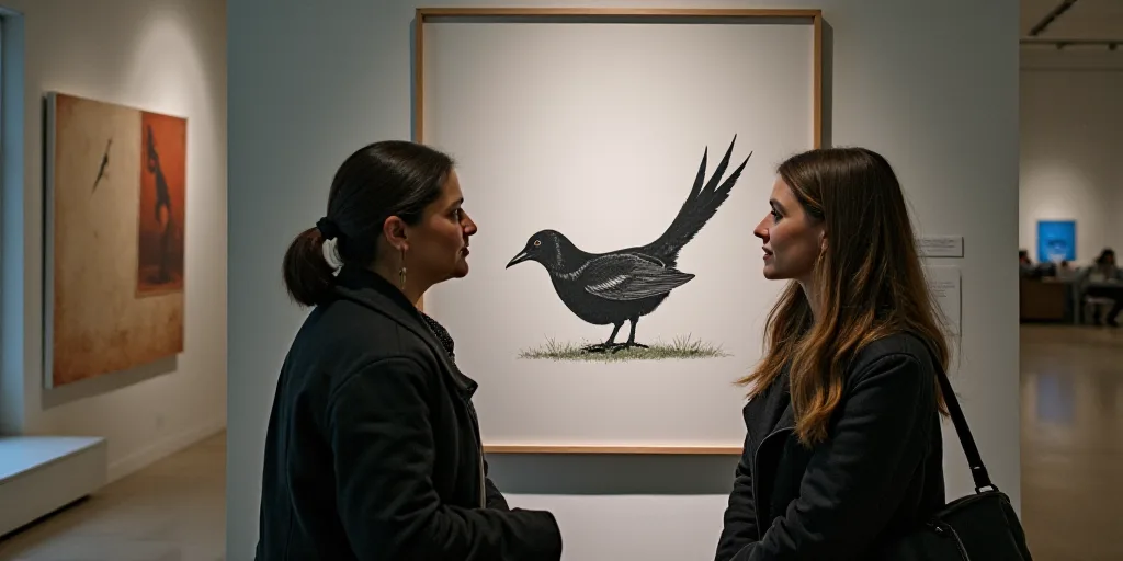 two women standing in front of a sign with a bird on it's back and a woman holding a purse, Araceli