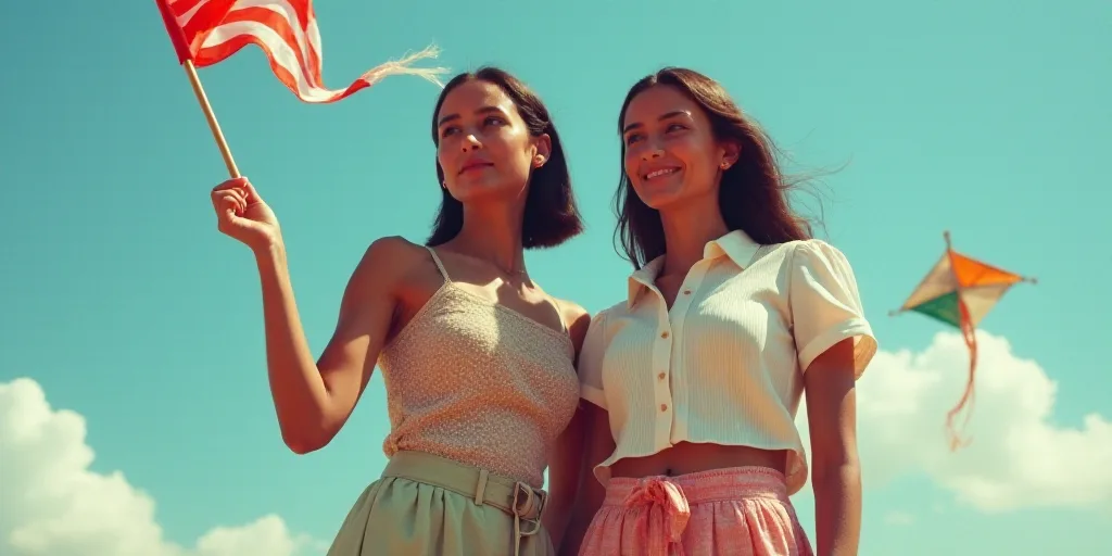 two women standing next to each other holding a flag and a kite in the background with a blue sky, A