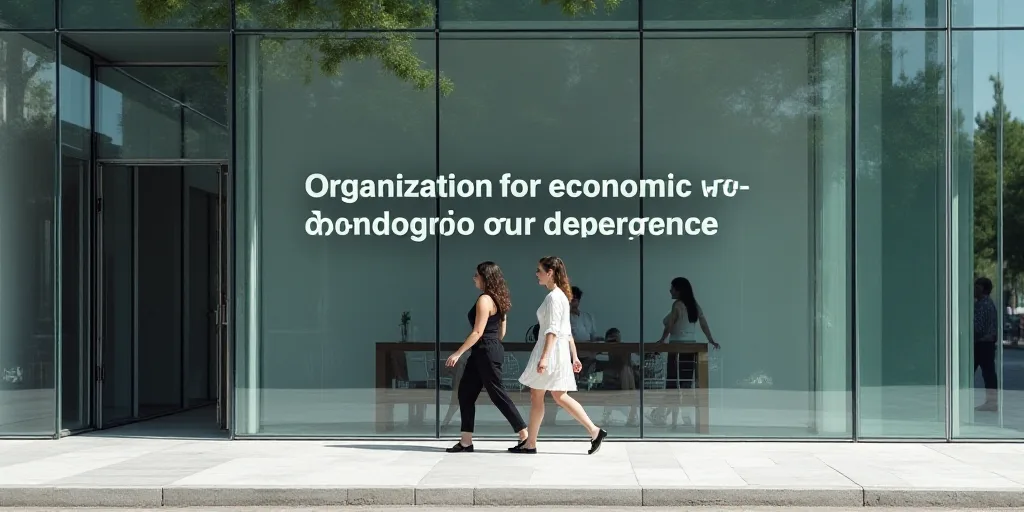 two women walking past a glass building with a sign on it that says organisation for economic co - e