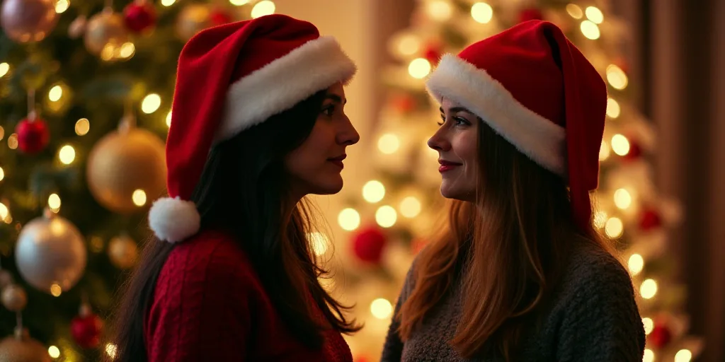 two women wearing santa hats talking to each other in front of a christmas tree with a christmas tre