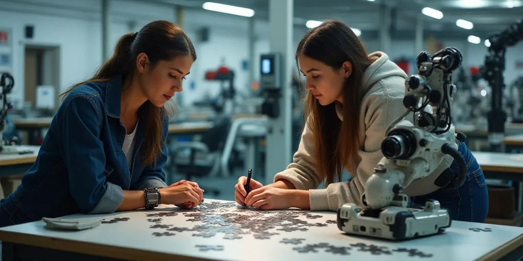two women working on a project in a factory with equipment in the background and a camera in the for