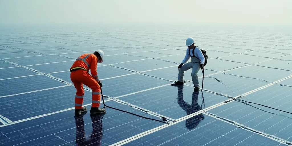 two workers are working on a solar panel roof in a large field of solar panels, with one worker in o