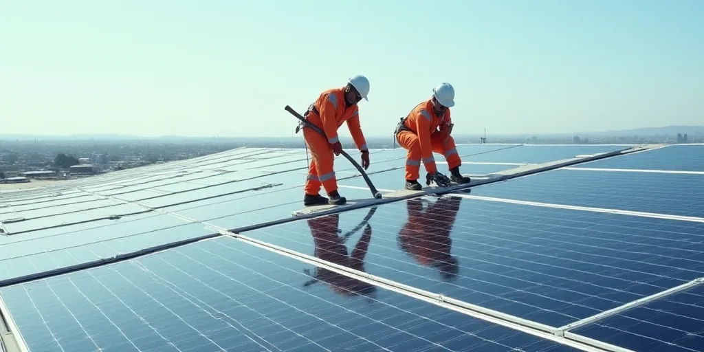 two workers are working on a solar panel roof in a large field of solar panels, with one worker in o