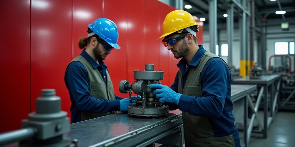two workers in protective gear working on a machine in a factory or factory area with a red wall beh