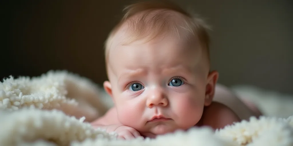 a baby laying on a blanket with a sad look on his face and eyes, with a blurry background, Anne Gedd