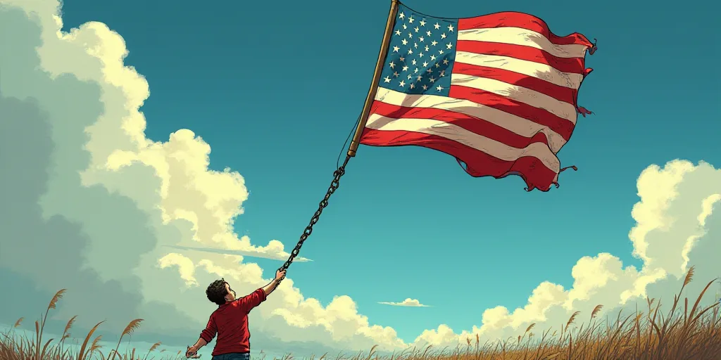 a balloon with a flag of the united states is being lifted by a chain by a balloon with a flag of th