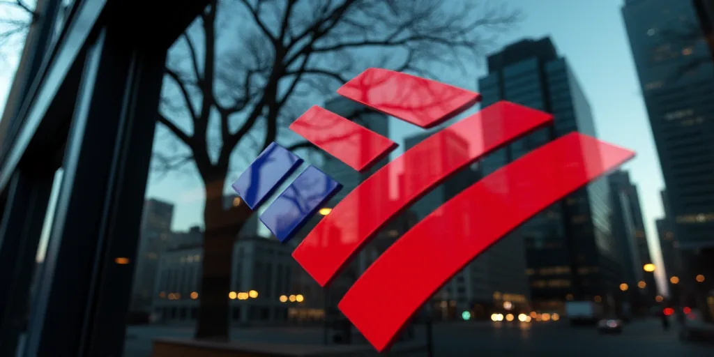 a bank of america sign is reflected in a glass building window with trees in the background in new y