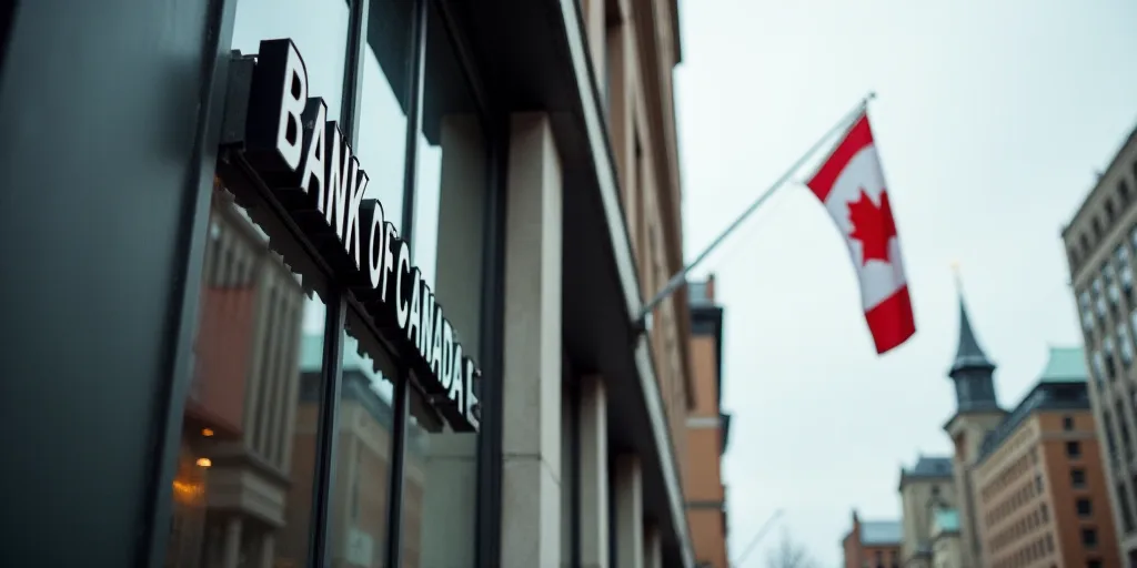 a bank of canada sign on the side of a building in canada, with a flag flying in the background, Est