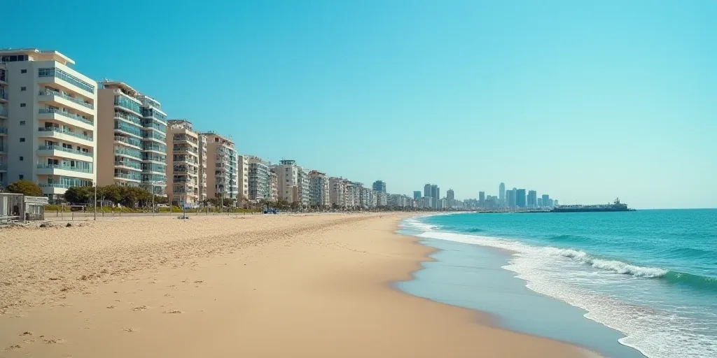 a beach with a bunch of buildings next to it and a body of water in the background with a blue sky,