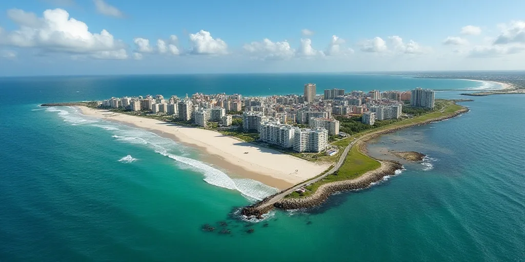 a beach with a bunch of buildings next to it and a body of water in the background with a few clouds