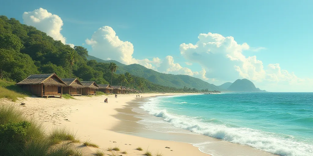 a beach with a bunch of huts on it and a body of water in front of it with people on it, Araceli Gil