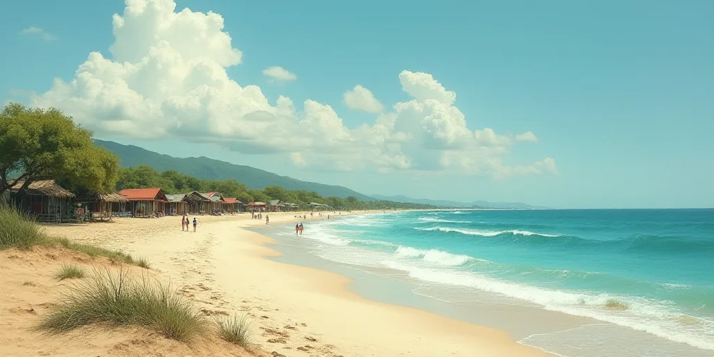 a beach with a bunch of huts on it and a body of water in front of it with people on it, Araceli Gil