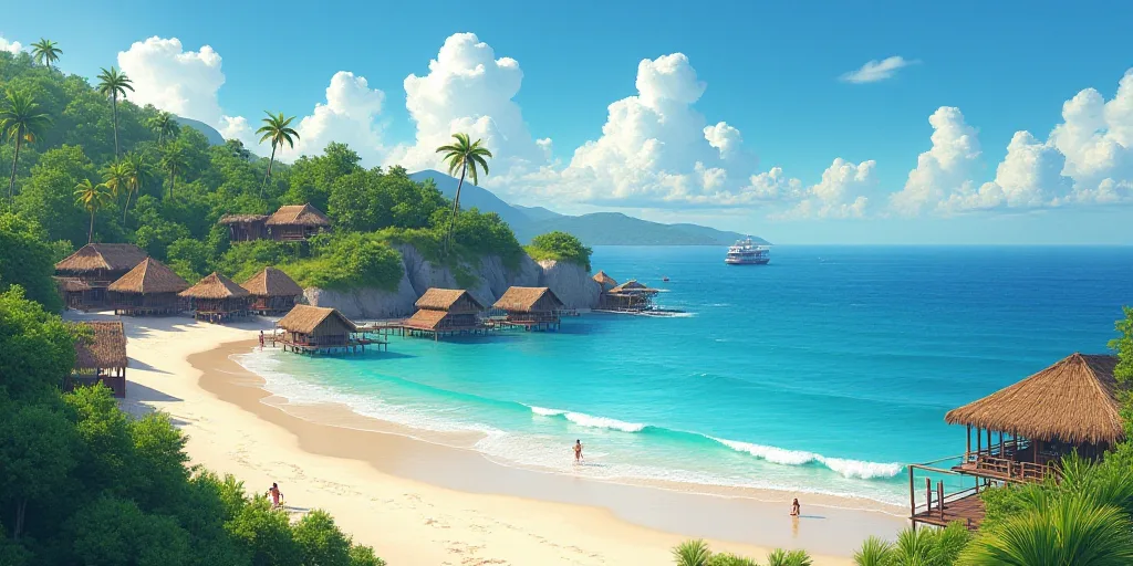 a beach with a bunch of huts on it and a body of water in front of it with people on it