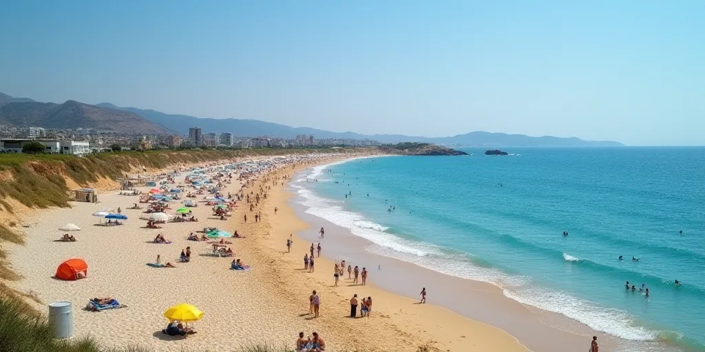 a beach with a lot of people on it and some water and sand and some umbrellas and people in the wate