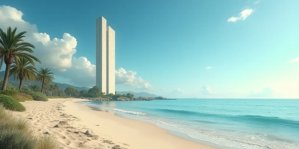 a beach with a tower in the middle of it and palm trees on the side of it and a body of water in the