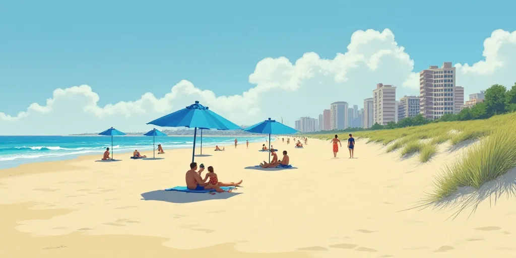 a beach with people sitting and standing on it and a few buildings in the background and a few blue