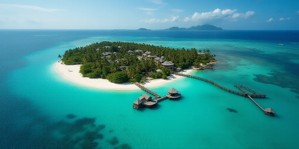 a bird's eye view of a resort and a lagoon in the middle of the ocean with a dock, Carl Hoppe, aeria