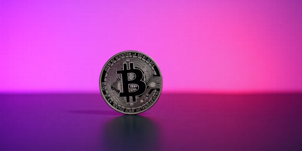 a bit coin sitting on top of a table with a purple background behind it and a pink background behind