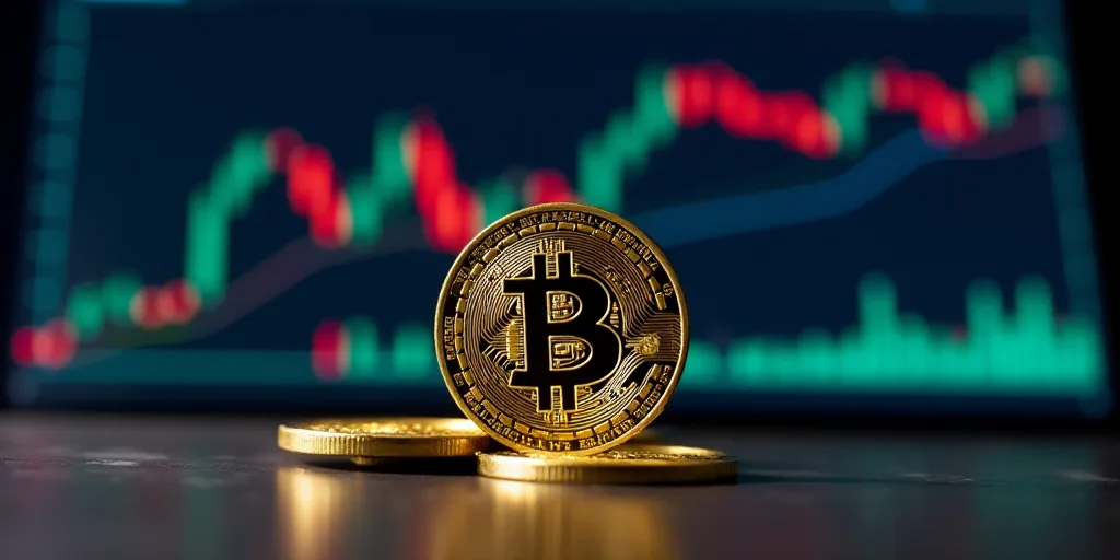 a bitcoin sitting on top of a table in front of a stock chart and a stock tick, Andries Stock, offic