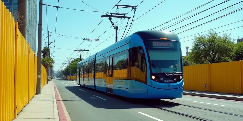a blue and black train traveling down a street next to a yellow fence and power lines and a blue cab