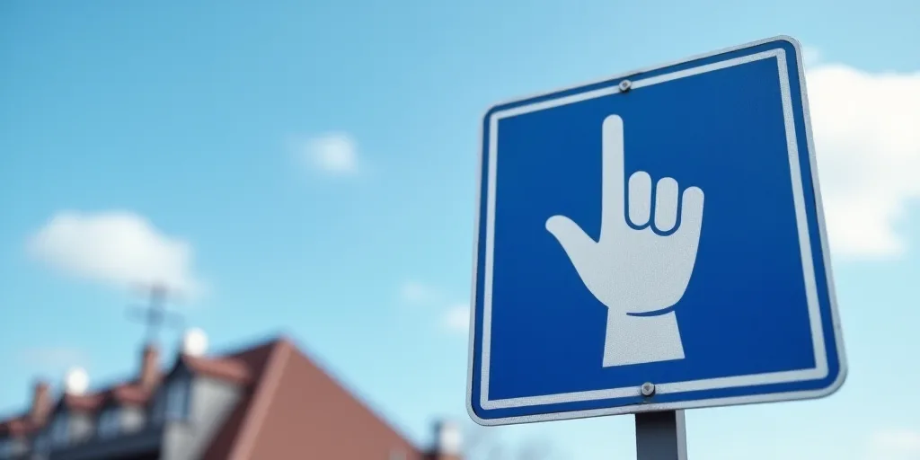 a blue and white sign with a pointing hand in front of a building with a sky background and a hand p