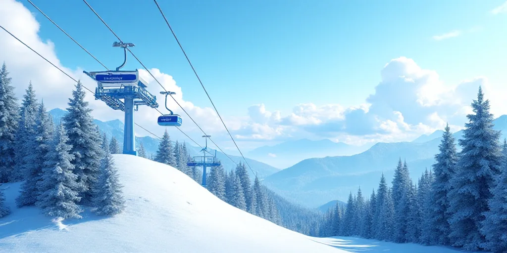 a blue and white ski lift going up a hill with trees in the background and a sky background with clo